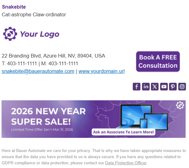 Email Signature Example by Bauer Automate to showcase key offerings