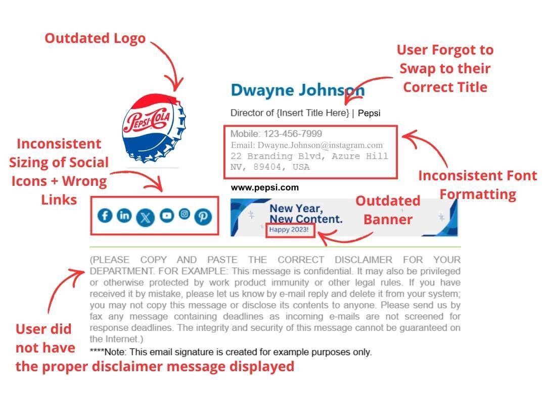 Problem with Manual Email Signatures include: Outdated Logo, Inconsistent Sizing of Social Icons + Wrong Links, User did not have the proper disclaimer message displayed, User forgot to swap to their correct title, inconsistent font formatting, outdated banner. Note: This email signature is created by Bauer Automate for example purposes only.