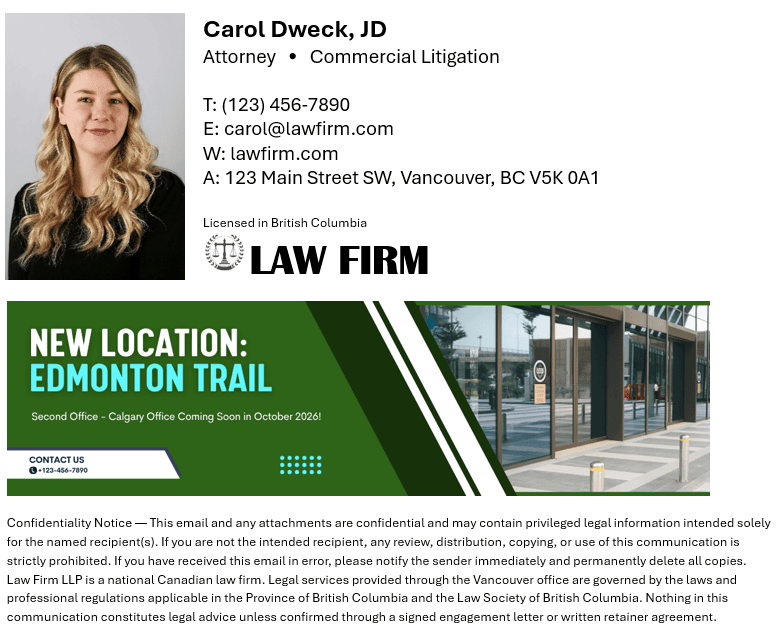 Email signature promoting the new location of the law firm. Example by Bauer Automate.