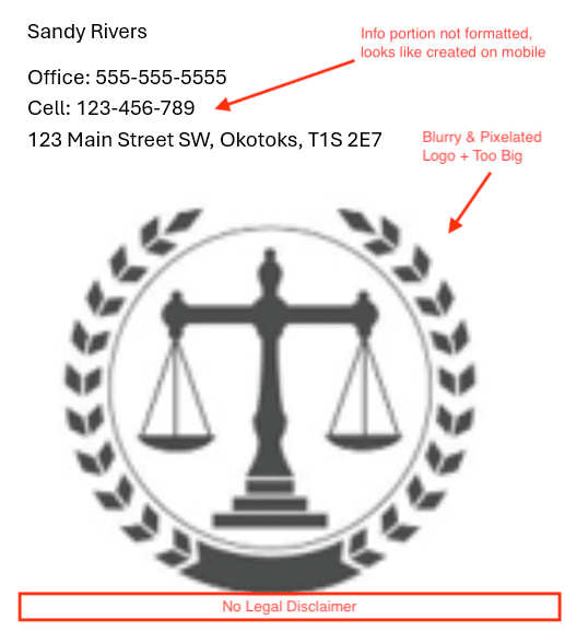 Example of Unprofessional Email Signature. Example Generated by Bauer Automate.