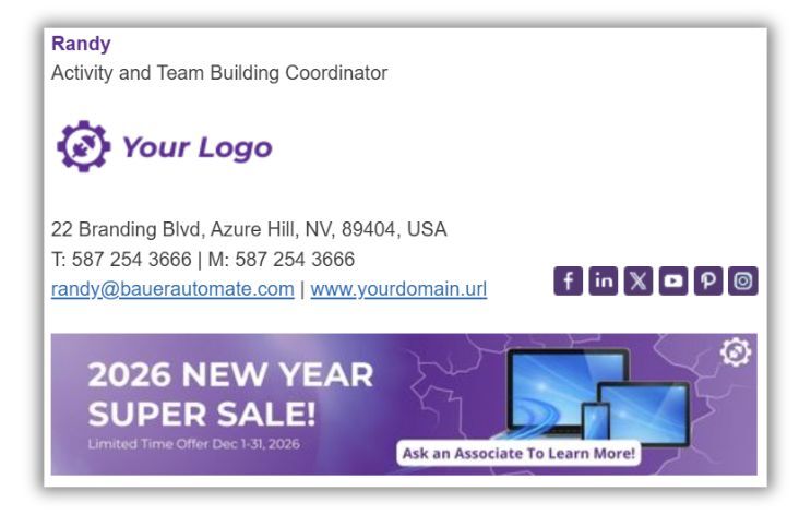 Email Signature featuring Promotional Banner. Example by Bauer Automate.
